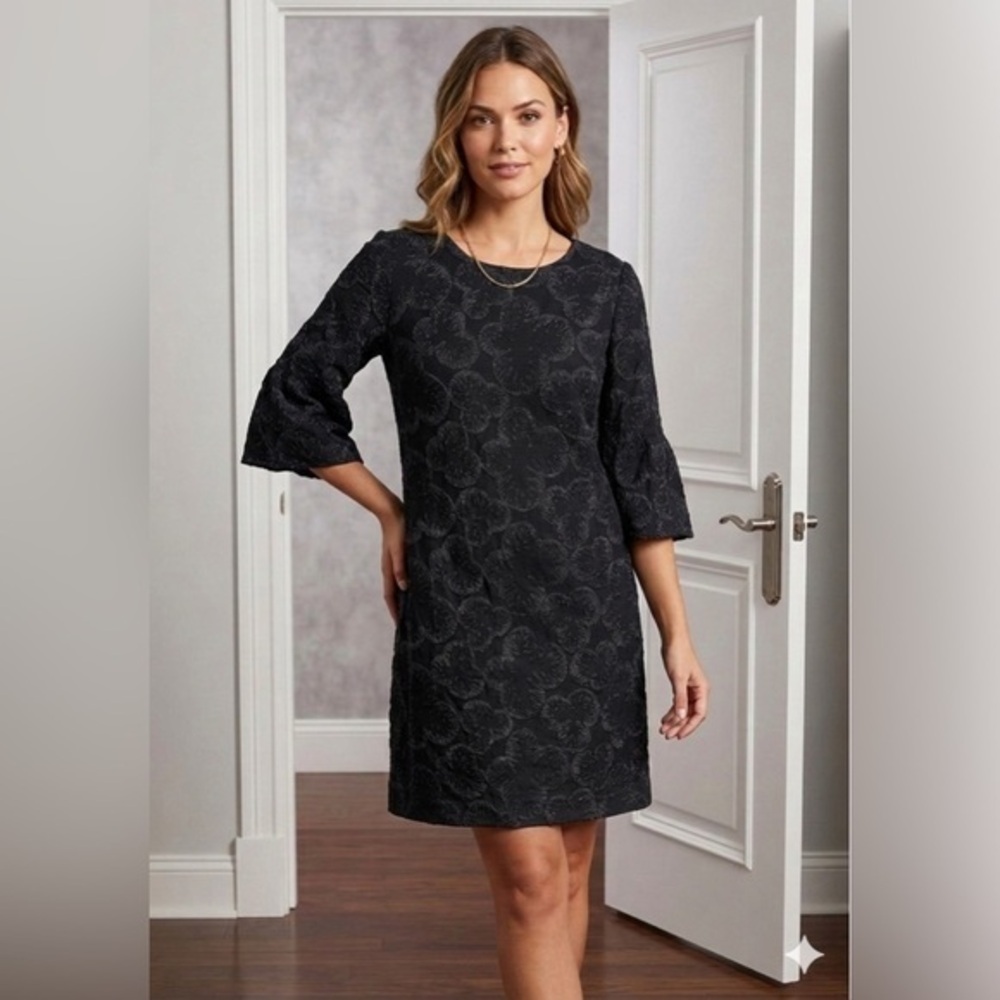 French Connection Women’s 2 Black Embroidered Bell Sleeve Mini Shift Dress XS